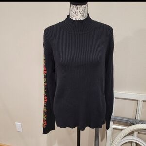 Boho Ribbed Mock Neck Sweater Women's SZ XL black /embroidery detailed sleeves
